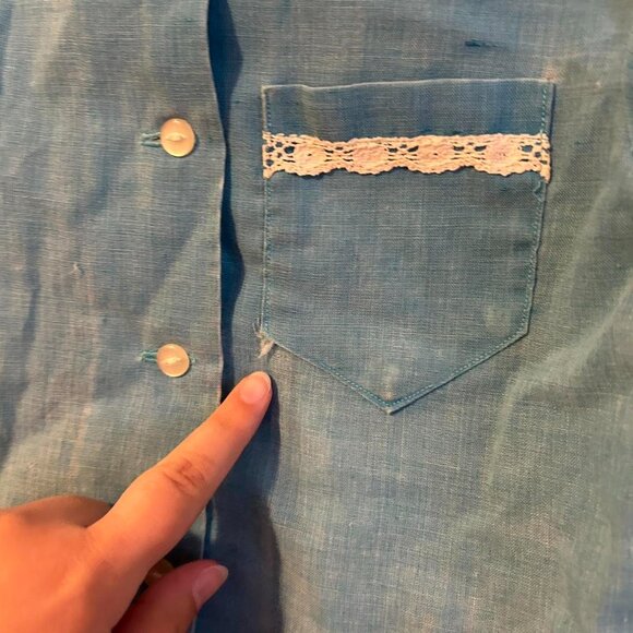 Vintage Handmade little Boys Shirt Blue With Lace Button Up - Picture 3 of 6